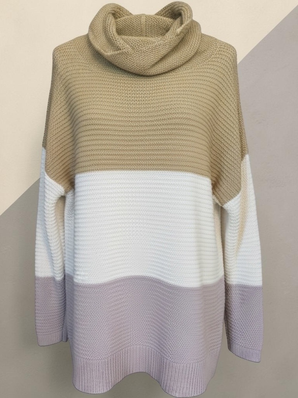 Colorblock Cowl Neck Sweater in Taupe, White & Light Lavender